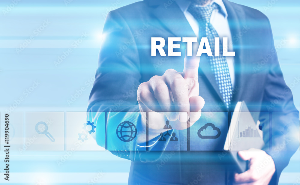 Businessman is pressing button on touch screen interface and selecting Businessman is pressing button on touch screen interface and selecting
