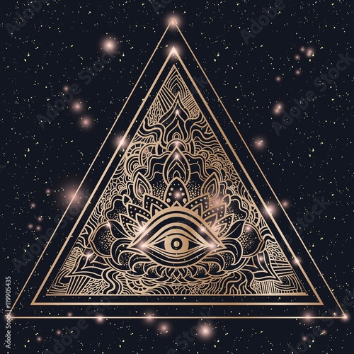 All seeing eye inside triangle pyramid.