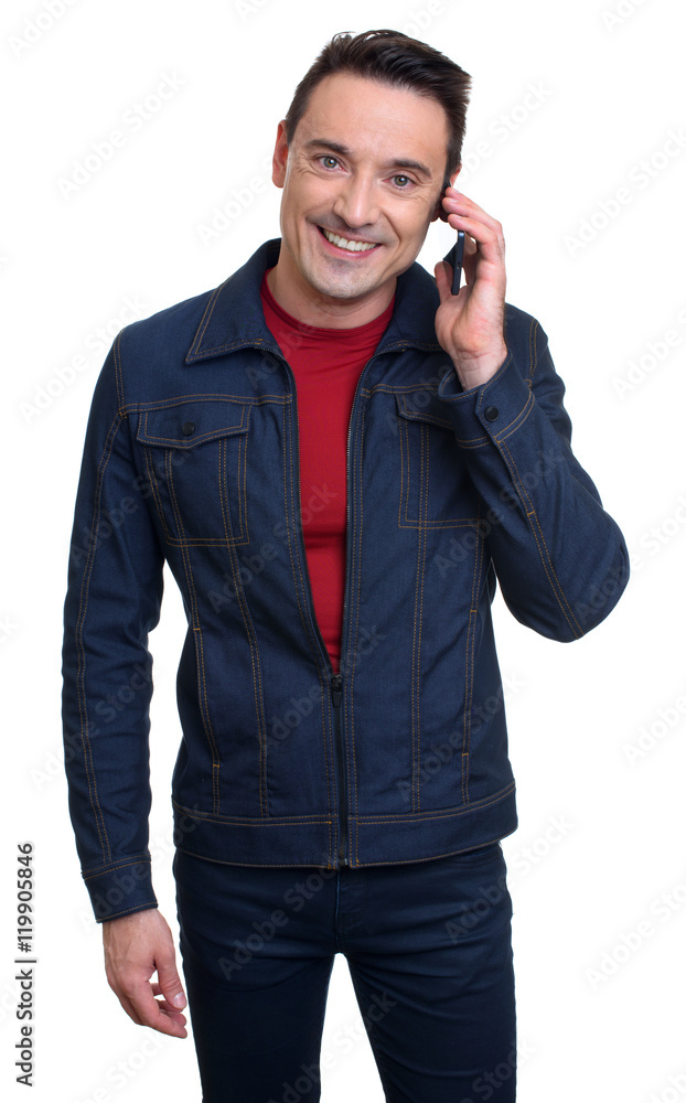 smiling young man talking on mobile phone. Isolated smiling young man talking on mobile phone. Isolated