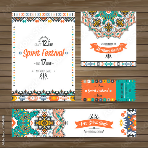 Set of geometric boho colorful flyers. Vector decorative ethnic greeting card or invitation design background