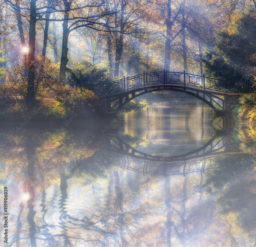 Beautiful romantic bridge in a park with colorful trees and sunlight and reflections in pond water autumn background