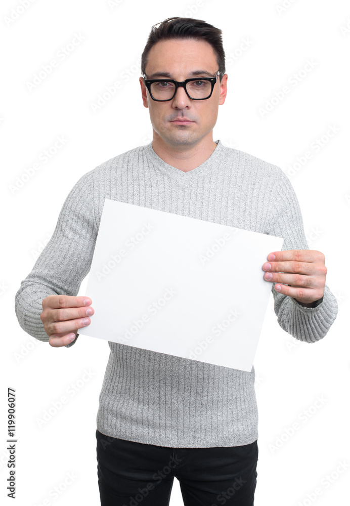 Young man holding a blank white board, isolated Young man holding a blank white board, isolated