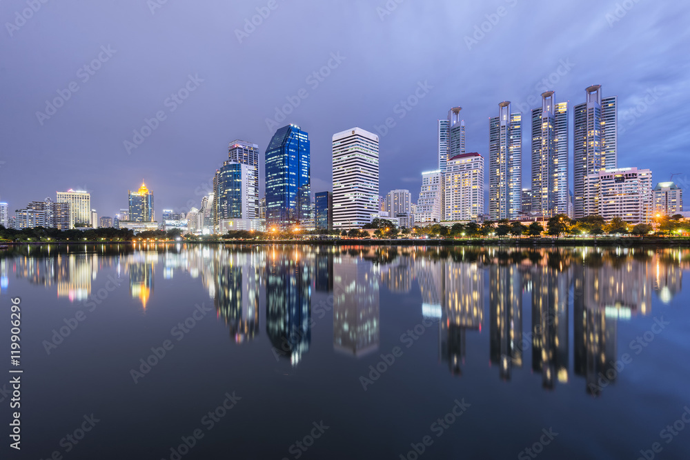 Skyline of Bangkok at night from Benjakiti Park, Bangkok, Thaialnd