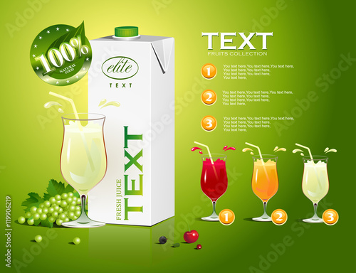 Vector glass of grapes juice and juice packaging. Types of cocktails