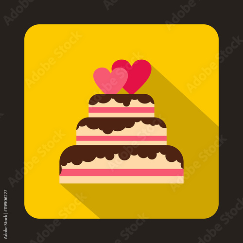 Wedding cake with two pink hearts icon in flat style on a yellow background vector illustration
