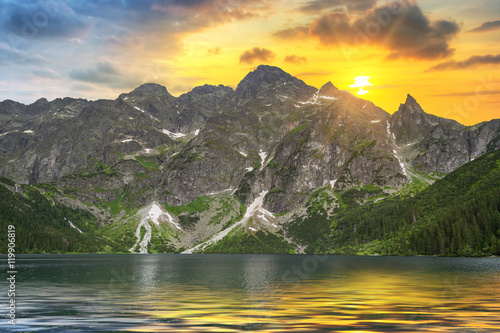 Fototapeta Naklejka Na Ścianę i Meble -  Eye of the Sea lake in Tatra mountains at sunset, Poland