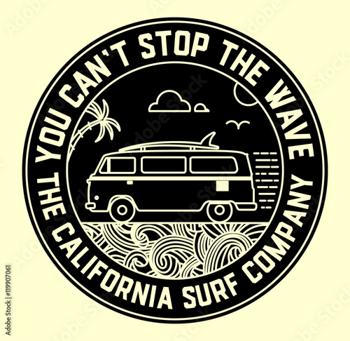 Surf label with van and surf elements