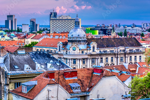 Zagreb downtown rooftops cityscape. / Aerial view on Zagreb city downtown with marble architecture.