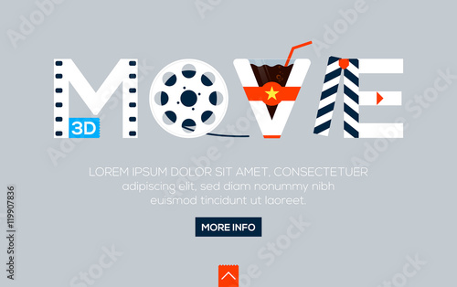 Creative word for online movie and other, lettering on gray background. Web banner, flat design concept. Vector illustration