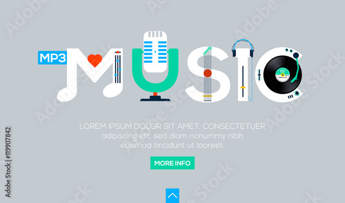 Creative word for online music and other, lettering on gray background. Web banner, flat design concept. Vector illustration