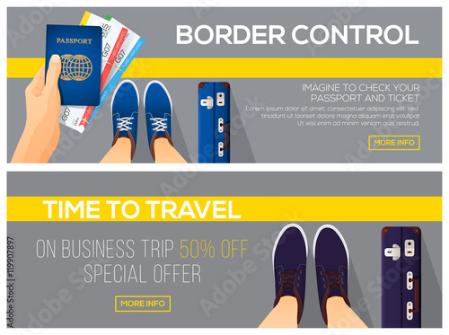 Border control and time to travel banners. view from above. Passport with tickets. vector illustration.