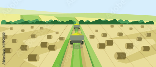 Vector abstract landscape with harvesting vehicles, hills, roads and clay ricks, flat zigzag style.
