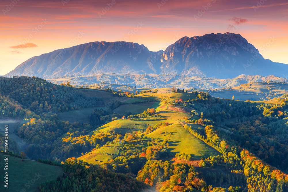 Fototapeta premium Stunning autumn landscape with colorful forest,Holbav,Transylvania,Romania,Europe