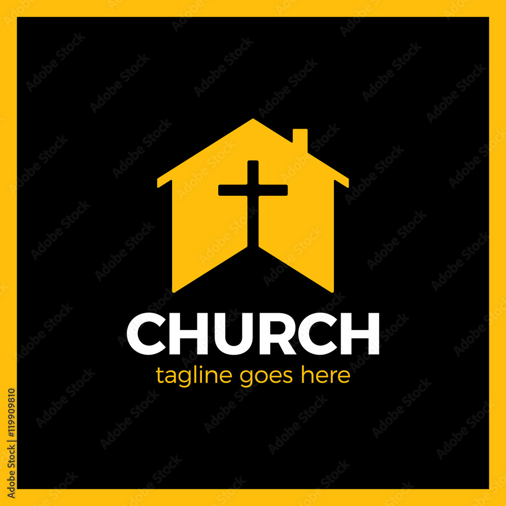 Fototapeta premium Home Church Logo. House Bible logotype. Calvary cross silhouette negative space