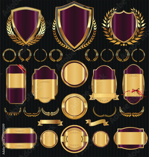 Golden sale shields laurel wreaths and badges collection 