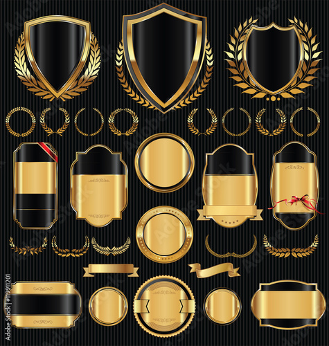 Golden sale shields laurel wreaths and badges collection 