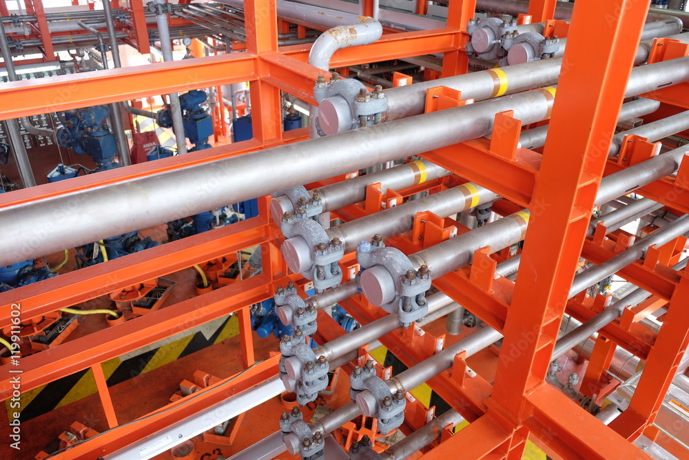on the production platform, Production process of oil and gas industry, Piping line on the platform.