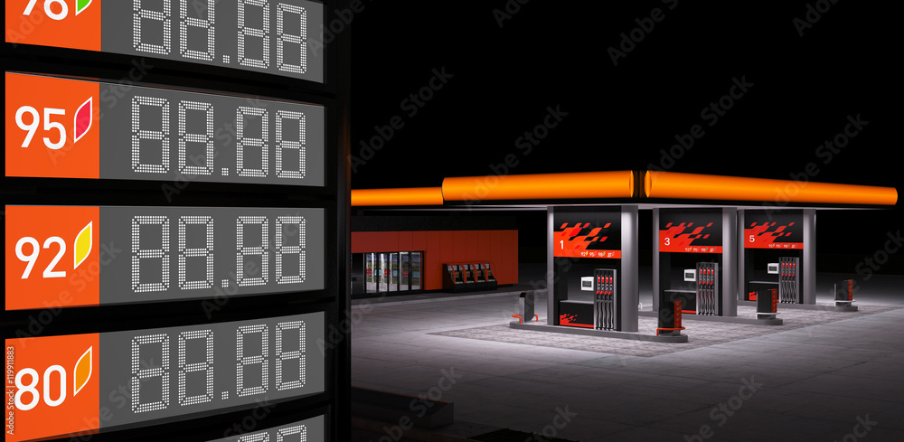night view of gas station