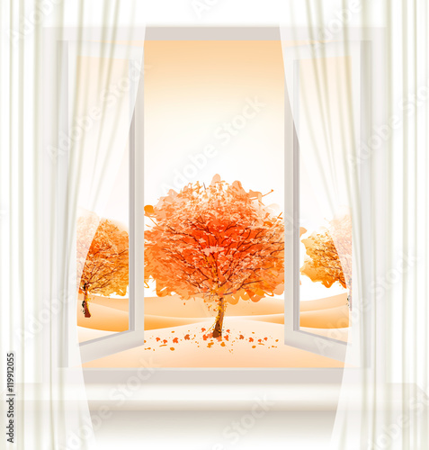 Autumn background with an open window and colorful trees. Vector