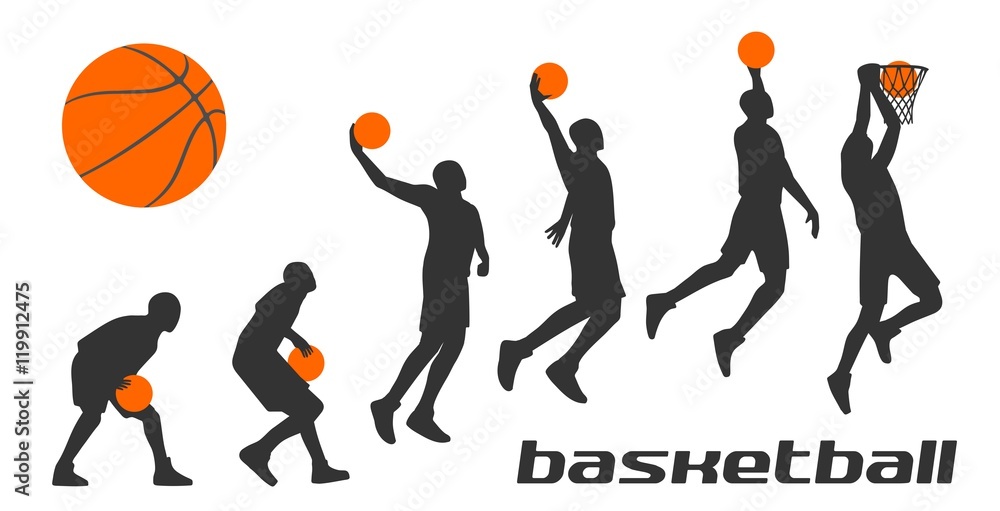 Fototapeta premium Set different poses basketball players in silhouettes.