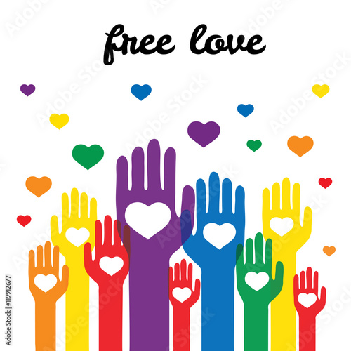 Lgbt support, fight for gay rights, helping hands and hearts, rainbow colors. Modern flat vector illustration stylish design element