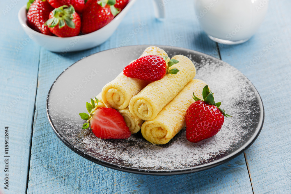 rolled pancakes with strawberries breakfast rolled pancakes with strawberries breakfast