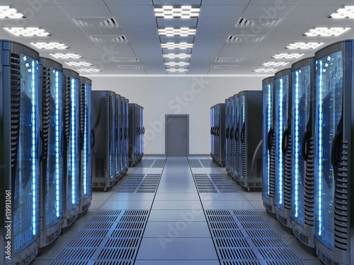 Network and internet communication technology concept, data center interior, server racks with telecommunication equipment in server room