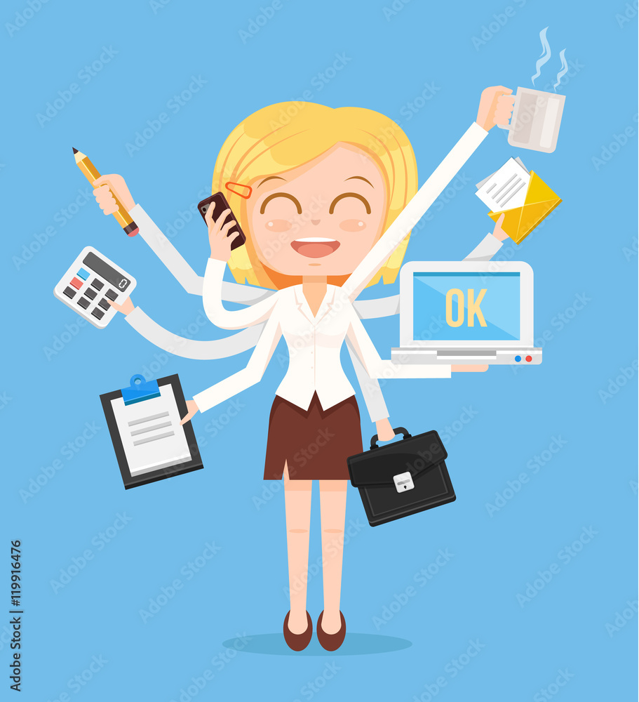 Happy office woman character. Multitasking hard work. Vector flat cartoon  illustration Stock Vector | Adobe Stock