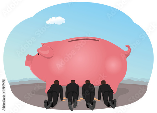 Group of businessmen feeding from piggy bank. Savings and earnings. Crisis economy.
