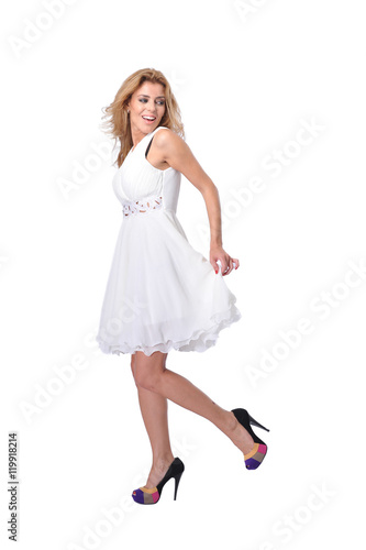 beautiful young happy women in white dress