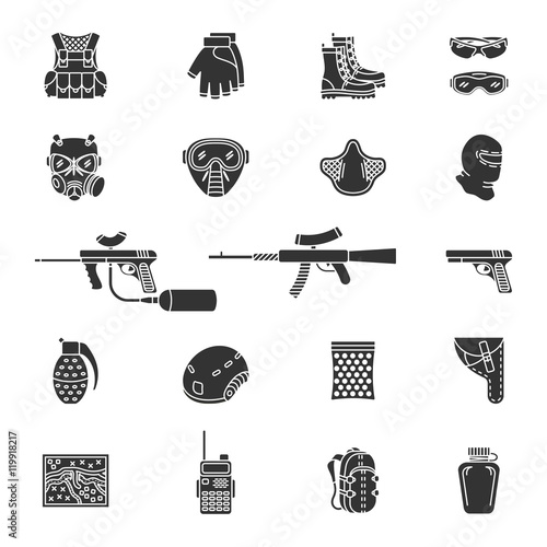 Vector set of black flat silhouette icons for paintball and airsoft equipment and outfit. Collection isolated on white background
