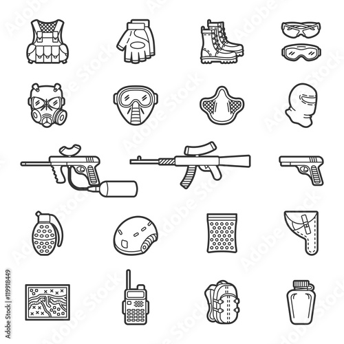 Vector set of black flat line icons for paintball and airsoft equipment and outfit. Collection isolated on white background