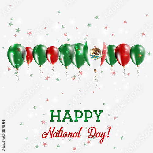 Mexico Independence Day Sparkling Patriotic Poster. Happy Independence Day Card with Mexico Flags, Confetti, Stars, Bokeh and Glitter.