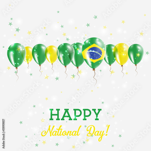 Brazil Independence Day Sparkling Patriotic Poster. Happy Independence Day Card with Brazil Flags  Confetti  Stars  Bokeh and Glitter.