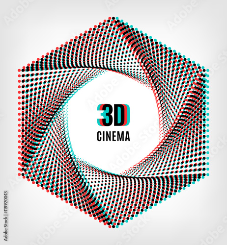 3D cinema creative concept, 3d movie icon. 3D symbol with chromatic aberration, the camera aperture of the points. Vector illustration