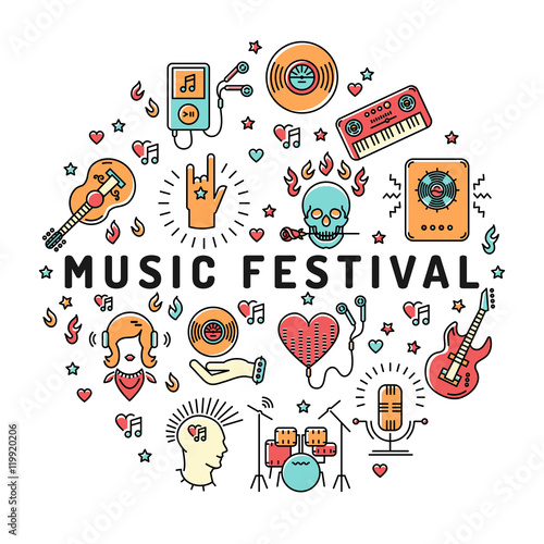 Music festival poster template, musical collage of isolated line art icons arranged in a circle, round symbol. Music infographics, rock, jazz concert, vector design