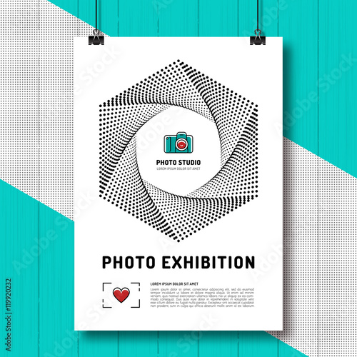 Photo exhibition design template poster or flyer. Camera aperture, shutter symbol. Photo and photographer modern design background. Vector illustration