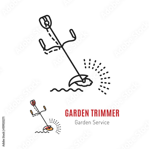 Vector icons garden grass trimmer in a linear style thin line. Gardening tools. Illustration isolated emblem, logo trimmer on a white background