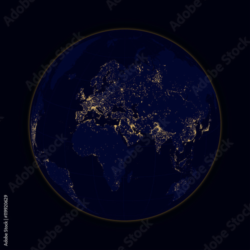 Earth sphere lights of cities Africa, Europe and Asia. Vector