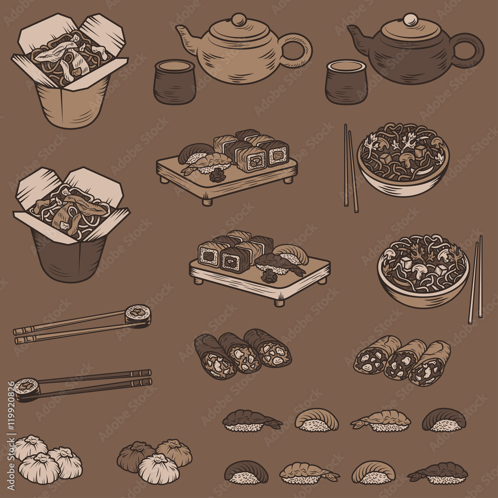 Set with Asian and Chinese cuisine icons Vector hand drawn elements Set with Asian and Chinese cuisine icons Vector hand drawn elements