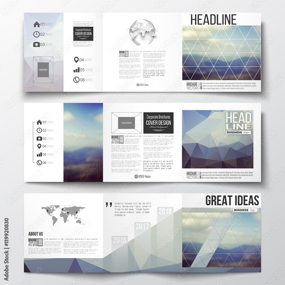 Set of tri-fold brochures, square design templates. Abstract colorful polygonal backdrop, blurred background, mountain landscape, modern stylish triangle vector texture.