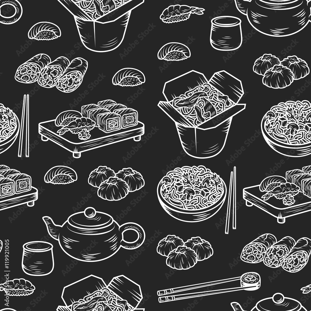 Set with Asian and Chinese cuisine icons Vector hand drawn elements