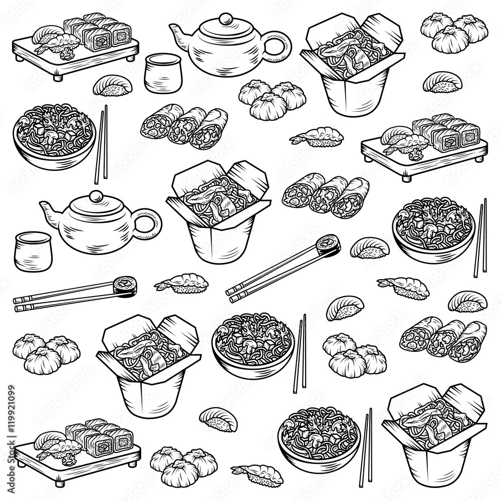 Set with Asian and Chinese cuisine icons Vector hand drawn elements ...