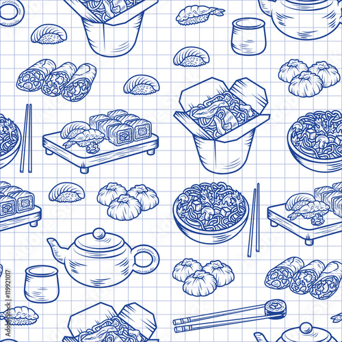 Set with Asian and Chinese cuisine icons Vector hand drawn elements