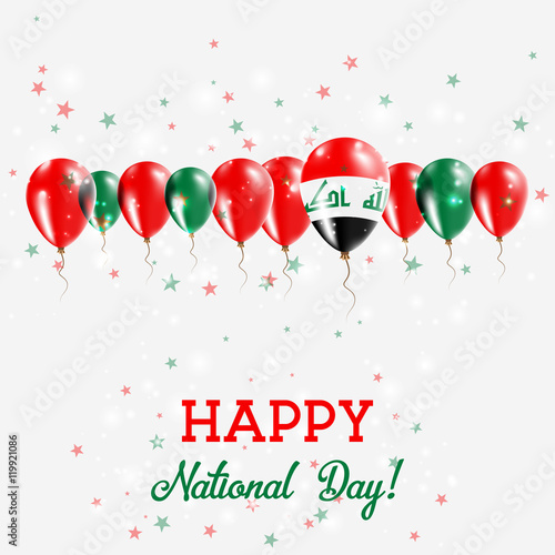 Iraq Independence Day Sparkling Patriotic Poster. Happy Independence Day Card with Iraq Flags, Confetti, Stars, Bokeh and Glitter.