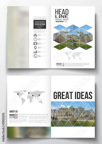 Set of business templates for brochure, magazine, flyer, booklet or annual report. Polygonal background, blurred image, park landscape, modern stylish vector texture