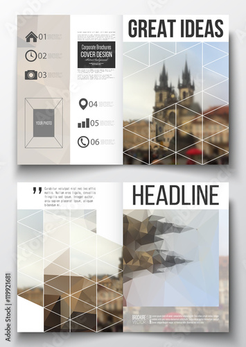 Set of business templates for brochure, magazine, flyer, booklet or annual report. Polygonal background, blurred image, urban landscape, Prague cityscape, modern triangular texture