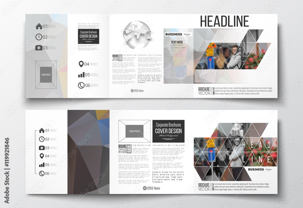 Set of tri-fold brochures, square design templates. Polygonal background, blurred image, urban landscape, cityscape, modern triangular texture