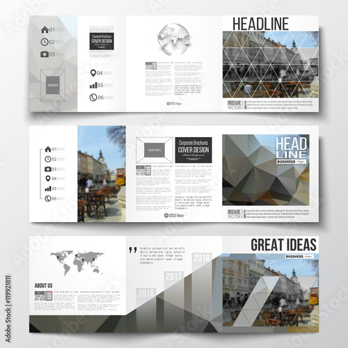 Set of tri-fold brochures, square design templates. Polygonal background, blurred image, urban landscape, cityscape, modern stylish triangular vector texture.