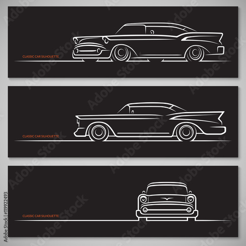 Set of vintage classic car silhouettes in old american style. Front, side and three quarter view. Hand drawn white outlines, contours isolated on black background